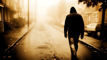 Hooded figure walks down foggy suburban street