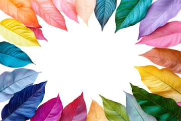 Tropical leaf border frame made with various fresh green, yellow, purple, blue leaves isolated on cut out PNG or transparent background. Top view. Greeting cards. Minimal summer exotic concept.	