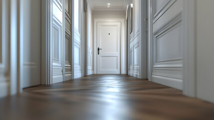 Elegant hotel hallway, wood floor, white doors