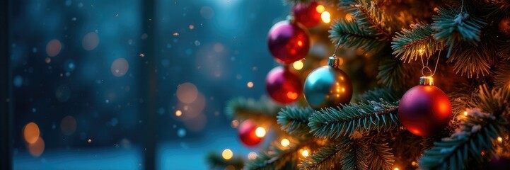 Obraz premium Sparkling Christmas tree decorated with large multicolored balls and lights, festive, winter, colorful