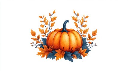 Autumn pumpkin with leaves; fall harvest design