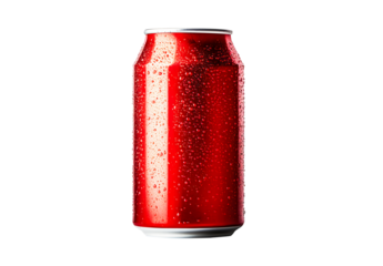 Aluminum red soda or soft drink can isolated on cut out PNG or transparent background. Realistic bottle drink template pattern. Composition suitable for advertising and brand purposes.