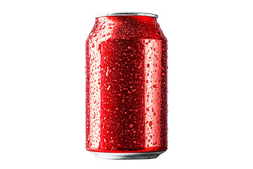 Aluminum red soda can with surrounded by water drops isolated on cut out PNG or transparent background. Realistic bottle drink template pattern. Composition suitable for advertising and brand purposes