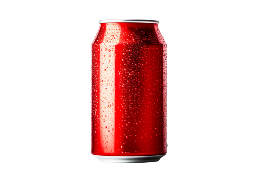 Aluminum red soda or soft drink can isolated on cut out PNG or transparent background. Realistic bottle drink template pattern. Composition suitable for advertising and brand purposes.