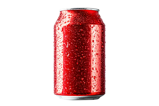 Aluminum red soda can with surrounded by water drops isolated on cut out PNG or transparent background. Realistic bottle drink template pattern. Composition suitable for advertising and brand purposes