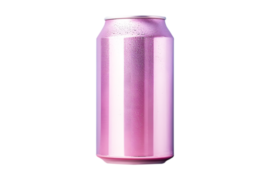Aluminum pink pastel small soda can isolated on cut out PNG or transparent background. Realistic bottle drink template pattern. Composition suitable for advertising and brand purposes.