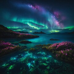 A dreamy celestial realm where floating gardens drift above a luminous sapphire sea under cascading divine auroras.