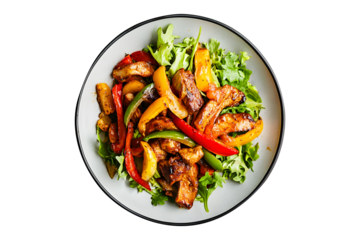 Gourmet fajita dish beautifully on plate isolated on cut out PNG or transparent background. Highlighting its vibrant colors and appetizing presentation. Fast food consists of vegetables, chicken, meat