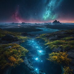 A panoramic view of an endless celestial landscape with floating gardens, glowing sapphire oceans, and golden-silver auroras.