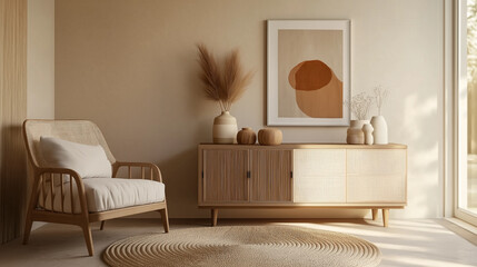 Elegant minimalist home interior with natural wooden elements and neutral decor.