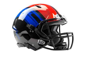 Black, blue, red American football helmet isolated on cut out PNG or transparent background. Perfect for themes related to sport football. Helmet features glossy finish, bold team colors.