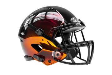 Black, orange, brown American football helmet isolated on cut out PNG or transparent background. Helmet features glossy finish, bold team colors, and sturdy faceguard. Related to sport football.