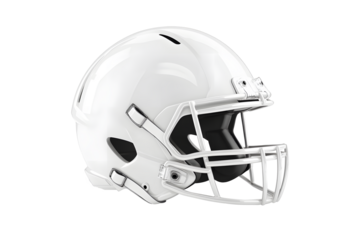 White American football helmet isolated on cut out PNG or transparent background. Perfect for themes related to sport football. Helmet features glossy finish, bold team colors, and sturdy faceguard.