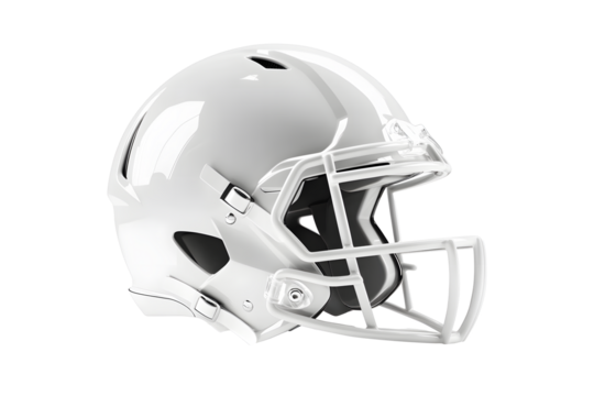 White American football helmet isolated on cut out PNG or transparent background. Perfect for themes related to sport football. Helmet features glossy finish, bold team colors, and sturdy faceguard.
