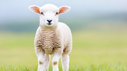 Fototapeta premium Lamb standing in green pasture, spring day