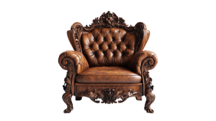 Luxurious brown leather armchair with ornate wood frame on transparent background