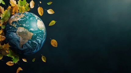 Obraz premium Sustainability Globe with Leaves Rotating globe with animated leaves swirling around it, dark background, visualizes the interconnectedness of nature and the planet