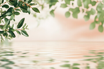Backdrop leaves green pastel and branches with gentle ripples on still blue water clear and text space. Texture Background Abstract. Eco-conscious product ads. wellness banners, skincare promotions.