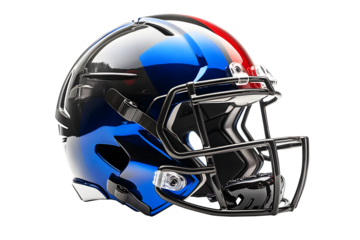 Black, blue, red American football helmet isolated on cut out PNG or transparent background. Helmet features glossy finish, bold team colors. Perfect for themes related to sport football.