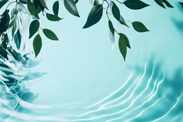 Backdrop leaves green and branches with gentle ripples on still blue water clear and text space. Eco-conscious product ads. wellness banners, skincare promotions. Texture Background Abstract.