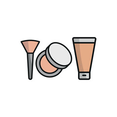 Powder puff and foundation bottle set beauty salon icon in flat style, featuring a soft powder puff and an elegant foundation bottle, perfect for makeup and beauty themes.