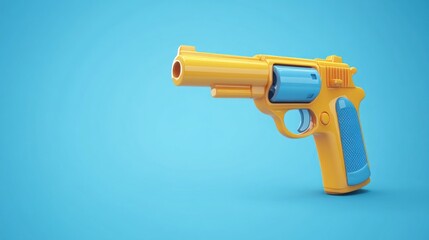 Cartoon style yellow and blue revolver on blue background