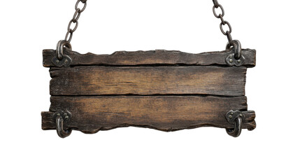 Old wooden sign hanging on chains with transparent background