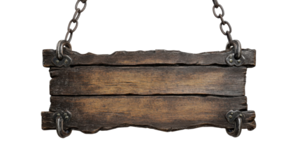 Old wooden sign hanging on chains with transparent background