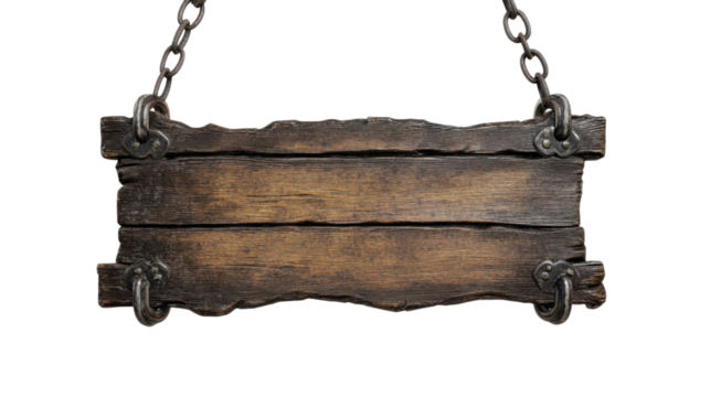 Old wooden sign hanging on chains with transparent background