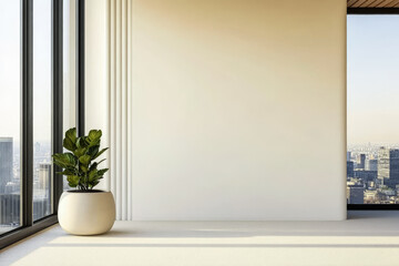 Modern interior space with large windows and indoor plant showcasing city view