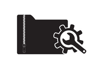 Data recovery, server or data storage repair. Folder icon with gear and wrench. Cyber security and protection. Black sign on white background. Monochrome design.
