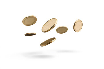 Floating coins in mid-air on white background with light and shadow. Symbol earning money through social media set against. Concept of digital wealth and modern income. Copy space for text.