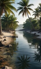 Fototapeta premium Palm trees and mangrove forests dominate a unique Bornean coastline landscape, palm tree, wildlife, habitat