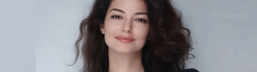 Fototapeta premium Woman with long dark hair smiling against a neutral background in soft lighting