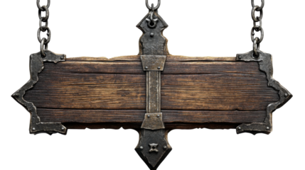 Old wooden sign hanging on chains with transparent background