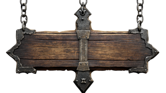 Old wooden sign hanging on chains with transparent background
