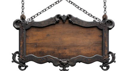 Ornate wooden sign hanging from metal chains on transparent background