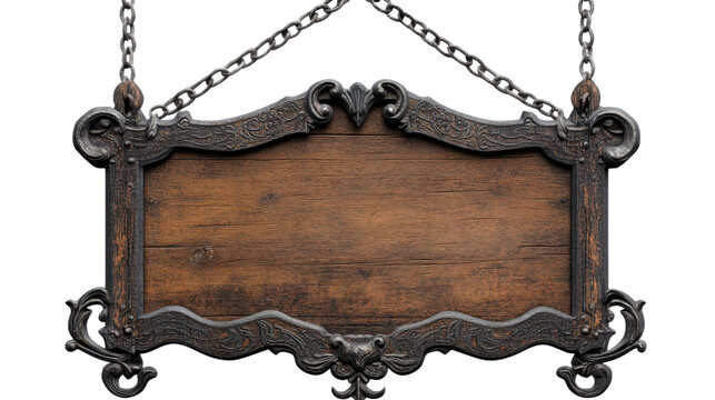 Ornate wooden sign hanging from metal chains on transparent background