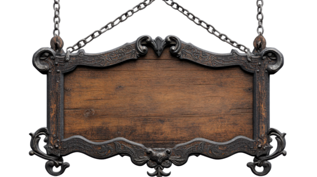 Ornate wooden sign hanging from metal chains on transparent background