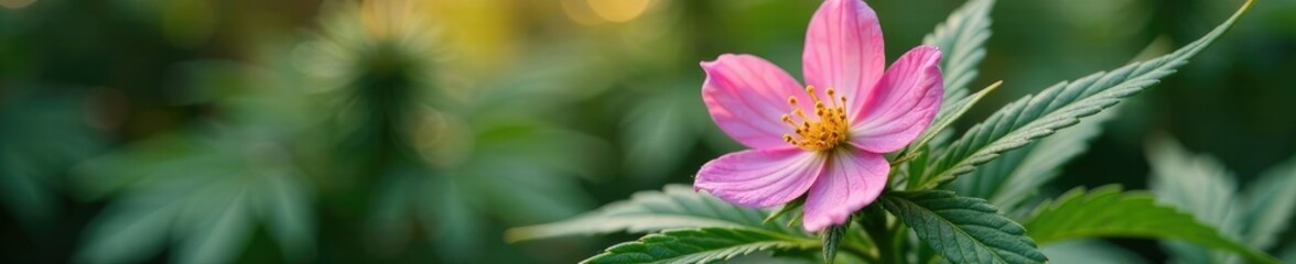 Fototapeta premium Pink flowers blooming on a cannabis plant with delicate pistils, botanicals, greenery