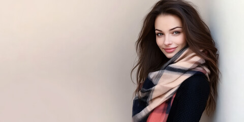 Naklejka premium Woman in black sweater and plaid scarf smiles against light background