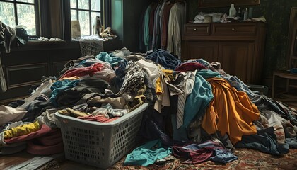 Overwhelmed Laundry Pile in Room Near Closet
