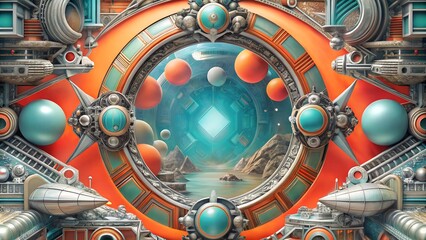 Futuristic abstract landscape with geometric shapes and colors, exploration