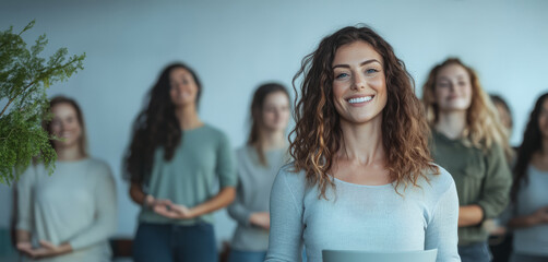 Group of smiling women participating in a wellness workshop in a serene indoor space