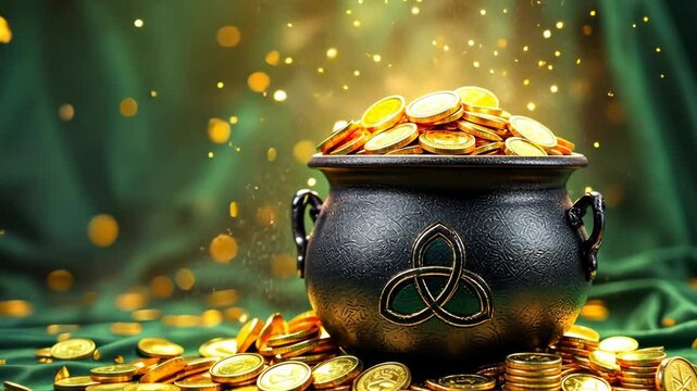 Magical cauldron overflowing with shimmering gold coins under enchanting light effects