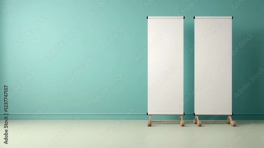 Canvas Prints A 3D render of two empty roll-up banners on a solid light blue background with a hint of texture. 