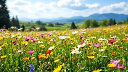 Colorful wildflowers bloom in mountain meadow, scenic background, spring