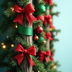 Red and green ribbons wrapped around a tree trunk, wraps, holiday