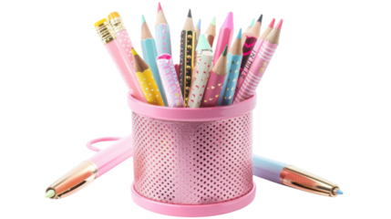 Pink pencil holder filled with colorful pencils and pens on transparent background