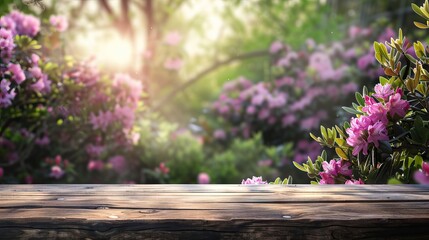 Charming Wooden Podium with Spring Background in Soft Afternoon Sun. AI generated illustration